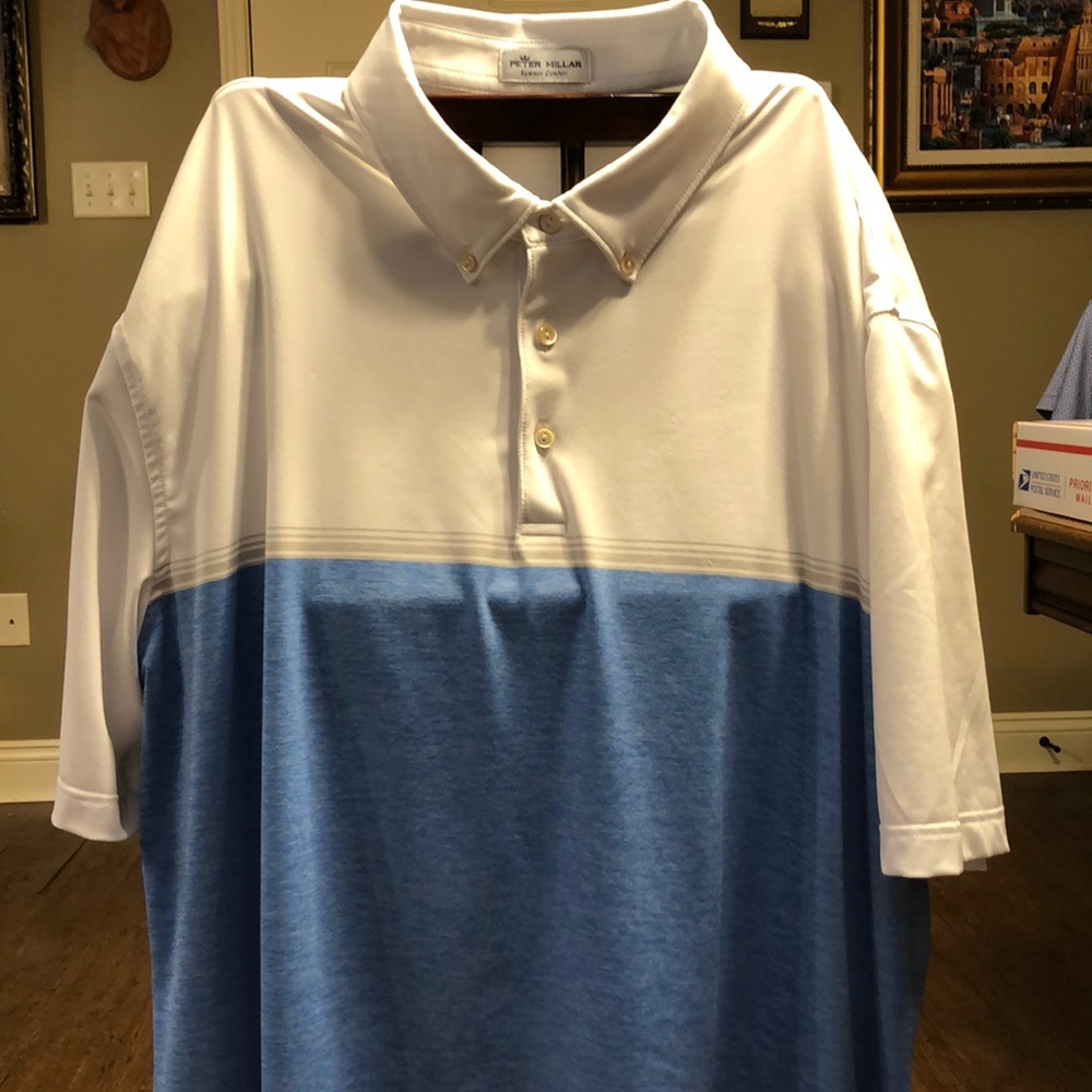 Peter Millar short sleeved polo shirt XL blue and white